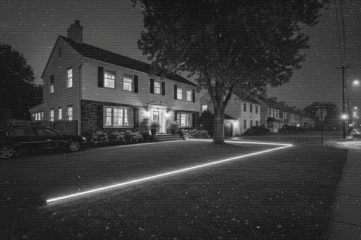 Black and white suburban house at night